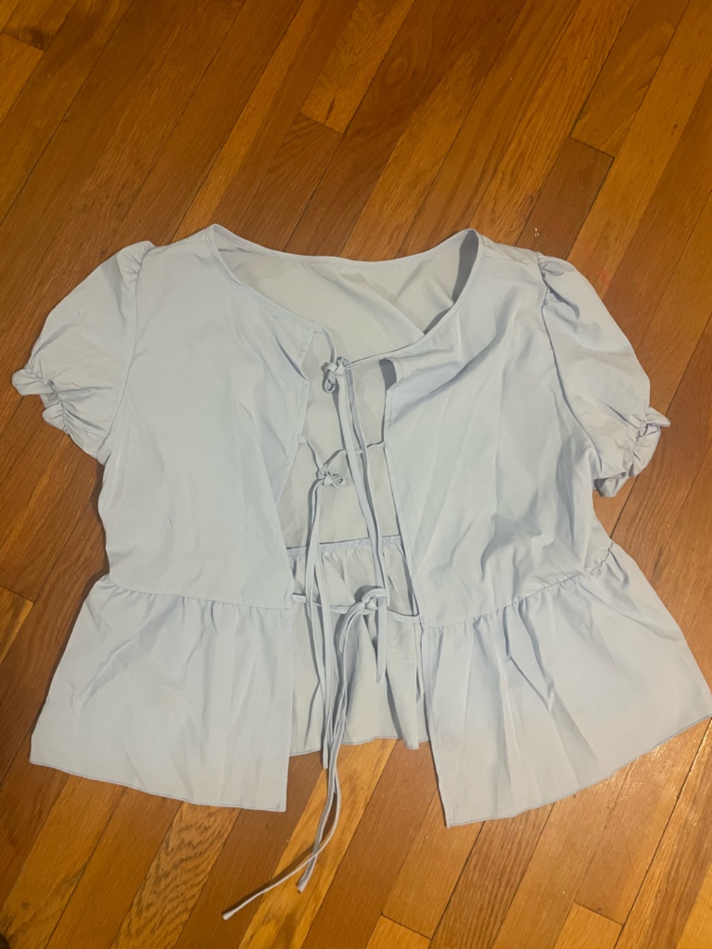 SHEIN 2XL Light Blue Tie Front Blouse | Puff Sleeve Peplum Top